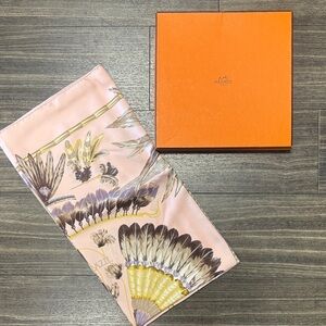 Hermes Pink Silk Scarf with Feather and Botanical Motif